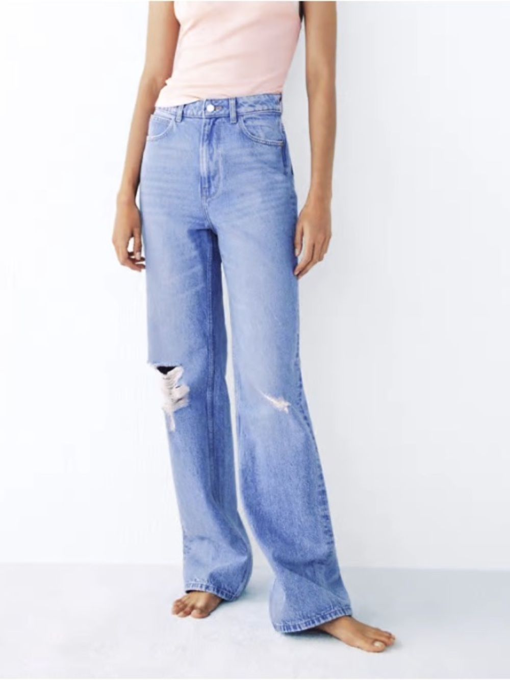 High-Rise Wide-Leg Distressed Jeans - Light Blue